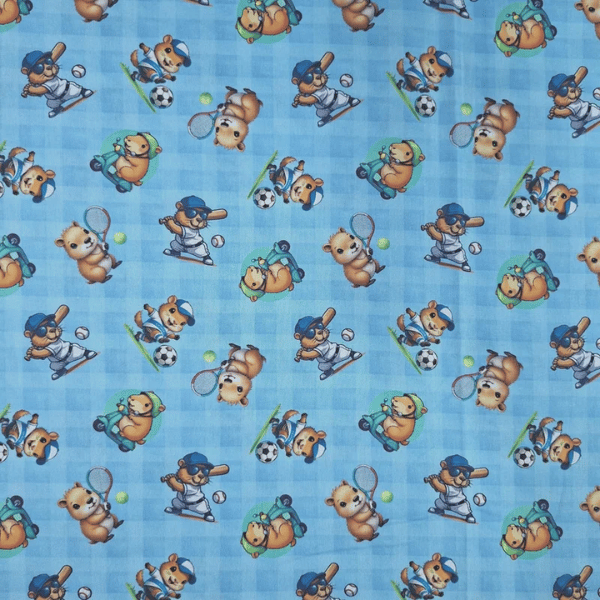 Tricoline Ursinhos Esportistas Azul 100% Algodão - Meio Metro ( 50cm x 150cm)