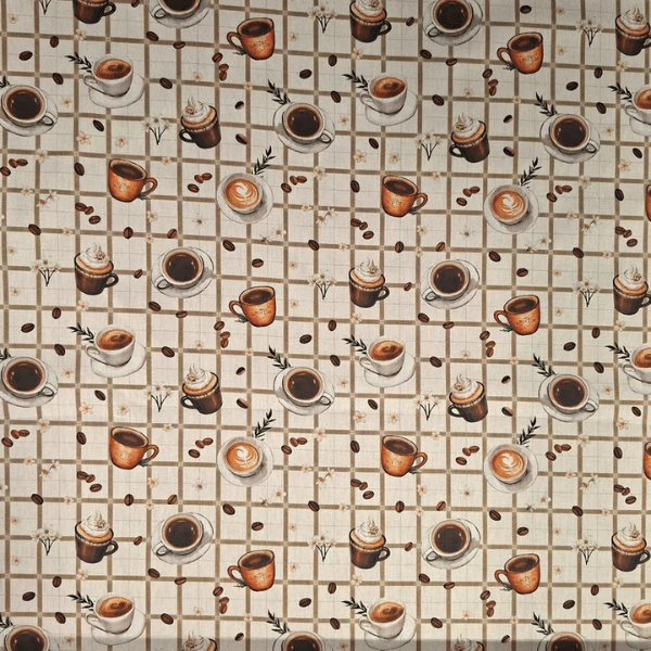 Tricoline 100% Algodão Xícaras e Grãos de Café - Meio Metro ( 50cm x 150cm)